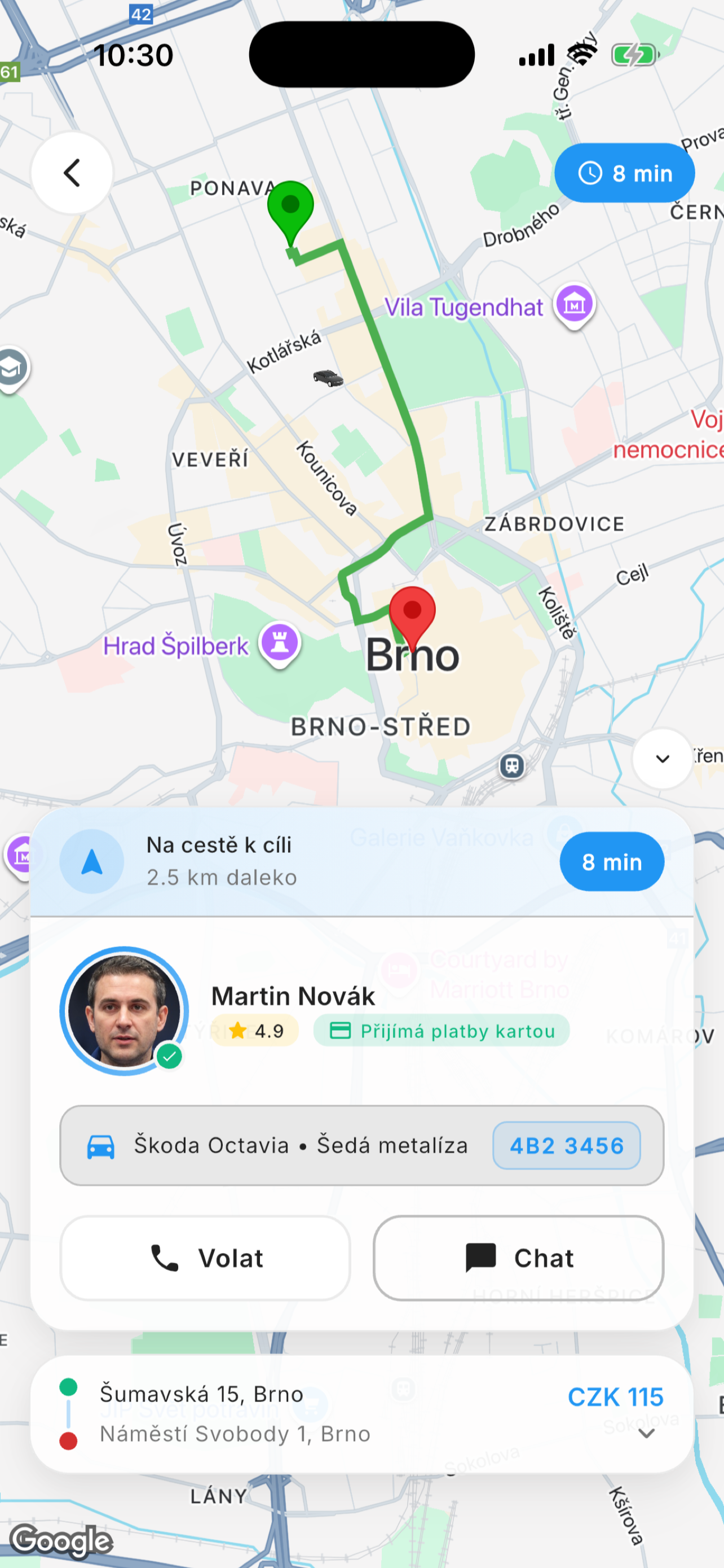 Jízda probíhá — navigace k cíli